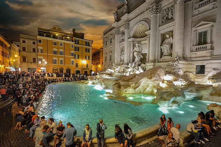 Róma, Trevi, este, tömeg, turisták, Olaszország, olasz