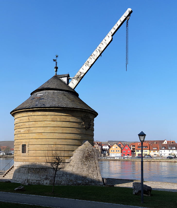 old crane, marktbreit, building, historic, crane, river, port