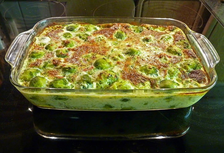 casserole, brussels sprouts casserole, baking dish, eat, food, edible, glass casserole form