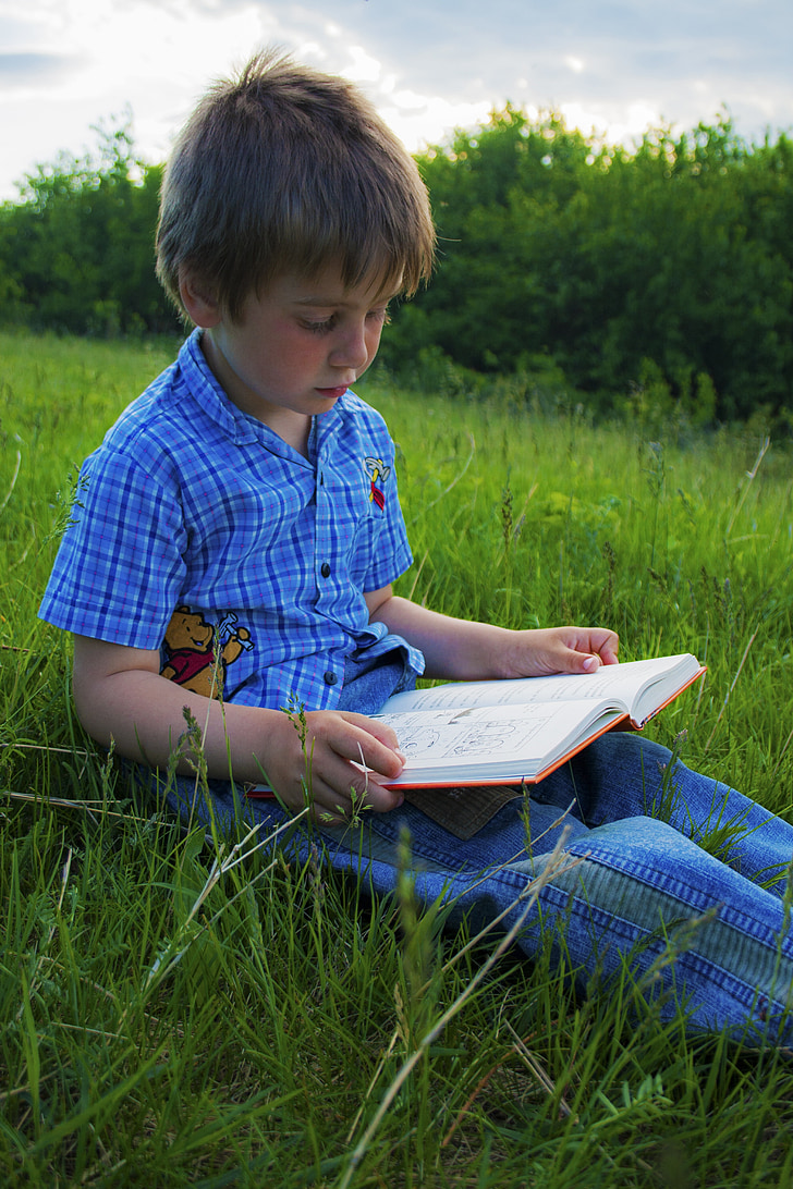 Момче, дете, невинност, четене, книга, природата, Открит