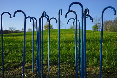 walking sticks, blue, art, artwork, metal, grass