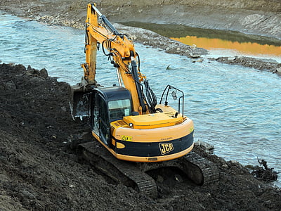 excavator, river, torrent, machinery, earthmoving, levee, excavation