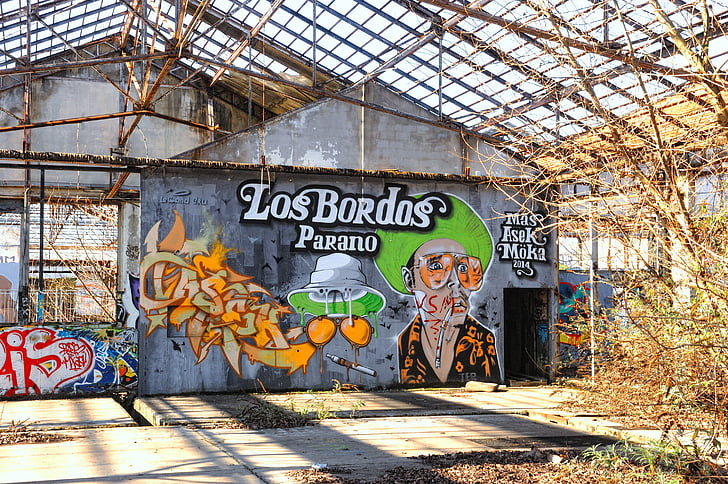 Graffiti, gatukonst, målning, hangar, Factory, tag, avvecklade