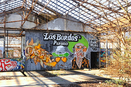 grafiti, ulična umjetnost, slika, hangara, tvornica, oznaka, stavljena izvan pogona