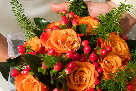 Poroka, šopek, cvetje, vrtnice, oranžna, prstan, obroči