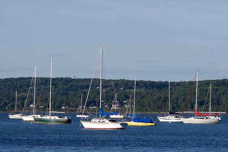 niebieski, łodzie, Kolor, zadokowany, Hudson, krajobraz, Natura