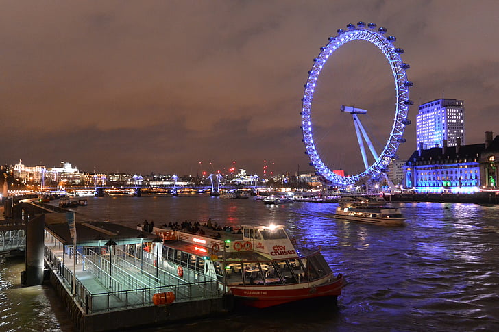 ferris wheel, london eye, wheel, night, river thames, london