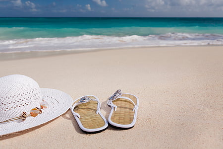 accesorios, Playa, azul, Femenino, flip-flop, sombrero, vacaciones