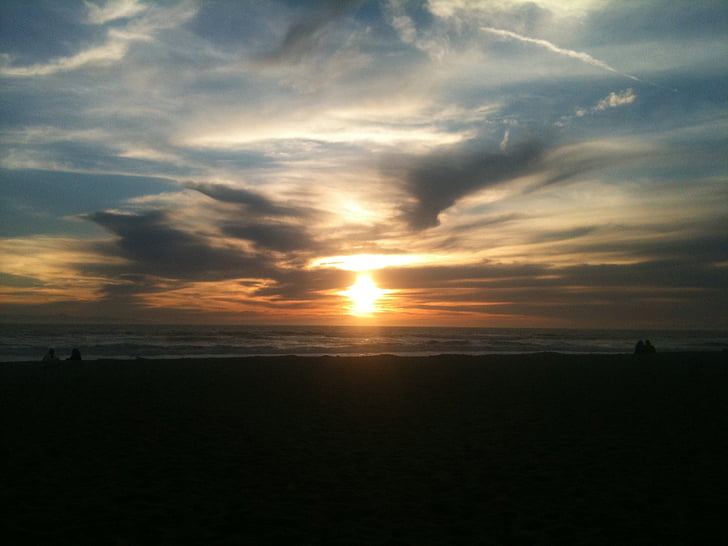 Západ slunce, voda, mraky, obloha, oceán, Západ slunce na pláži, pláž