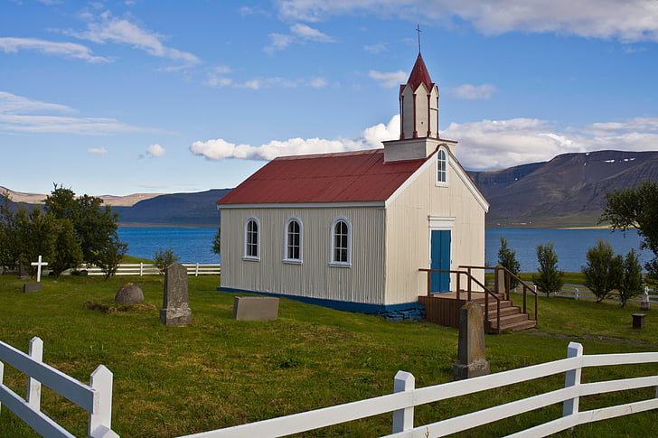 kyrkan, Island, natursköna, väst, kusten, isolerade, ensam