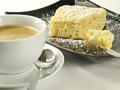 cake, coffee, sheet cake, coffee table, pastries, drink coffee, saucers