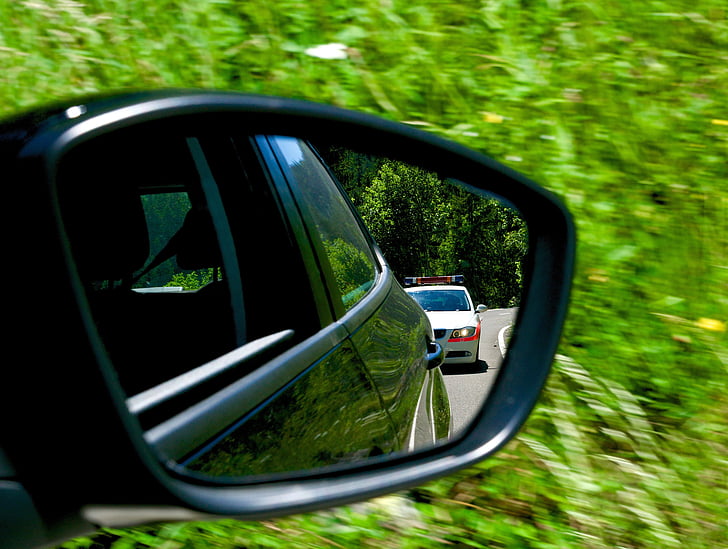tracking, police, rear mirror, speed, car, driving, mirror