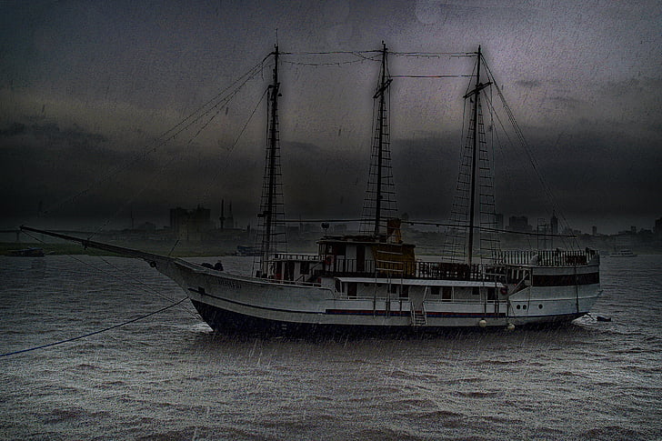 thuyền buồm, con tàu, cơn bão, mưa, giọt mưa, cũ, tàu