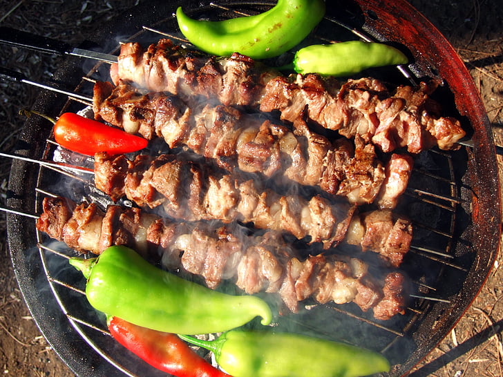 barbecue, kolen, Embers, tomaat, peper, vlees, picknick