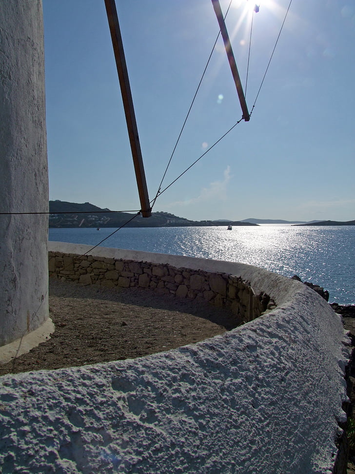 вятърна мелница, море, Миконос, Гърция, гръцки остров, Цикладите, обратно светлина
