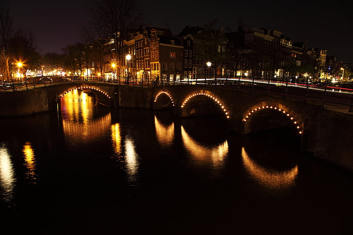 Most, mosty, světla, noční, Amsterdam, Nizozemsko, Nizozemsko