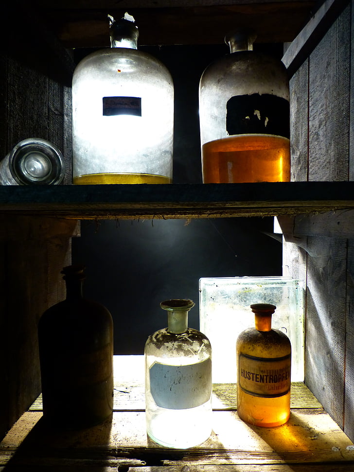 Glas, Flasche, alt, Apotheke-Flasche, transparente, Dekoration, Braun