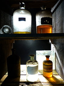glas, flaske, gamle, apotek flaske, gennemsigtig, dekoration, brun