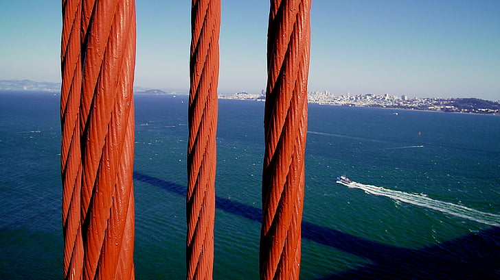 Puente Golden gate, cable, barco, Bahía de San francisco, Skyline, puente, puerta
