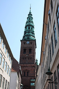 steeple, church, alley, places of interest, copenhagen, denmark