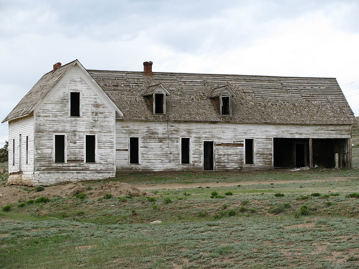 abandoned, broken, building, field, grass, house, old