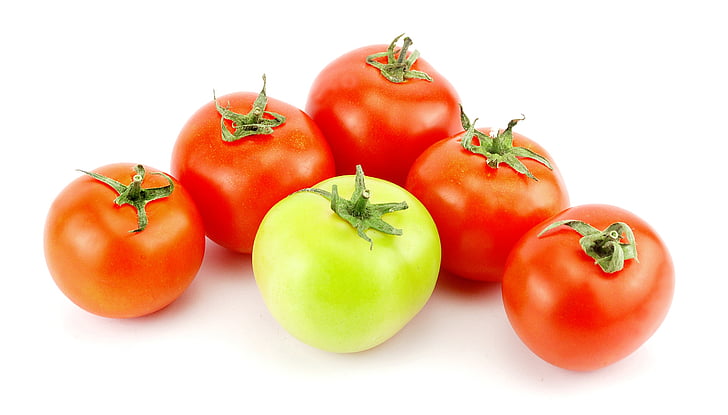 tomate, alimentaire, légume, vert, rouge, fond blanc, concept