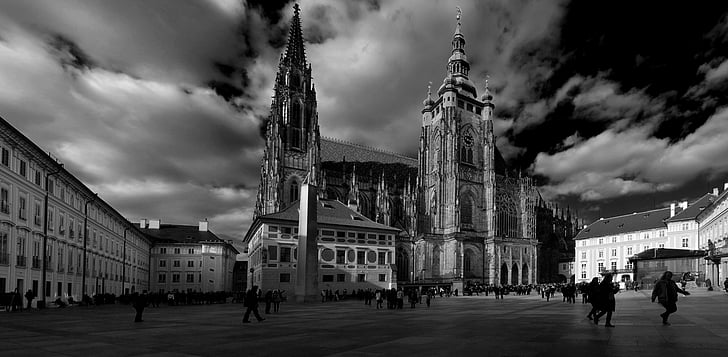 Crkva Svetog Vida, spomenik, Prag, crno i bijelo, Crkva, arhitektura, Katedrala
