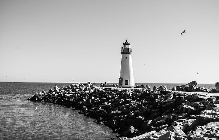 havet, svart och vitt, Ocean, Rocks, Lighthouse, Shore, Seaside