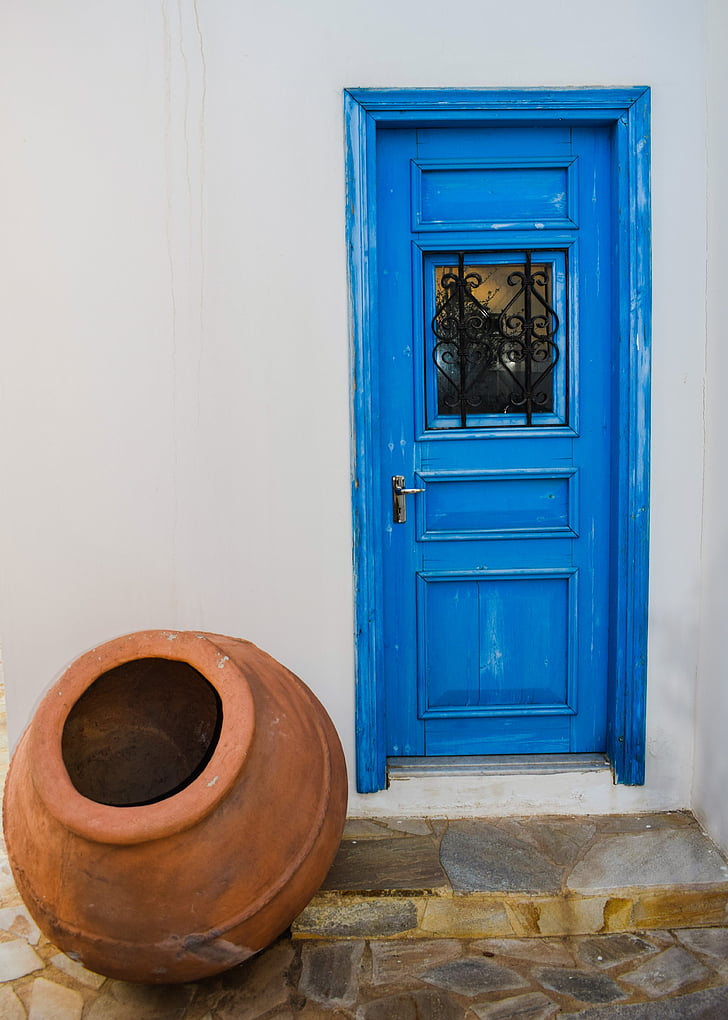 porte, en bois, bleu, entrée, blanc, mur, poterie