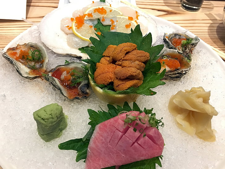Sashimi de, sushi, uni, Toro, ostres, japonès, marisc