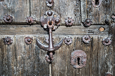 dveře, dřevo, staré, aldaba, železo, staré dveře, vstup