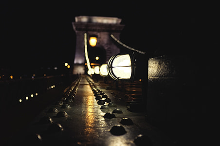 brug, ketting, nacht, lantaarn, Boedapest