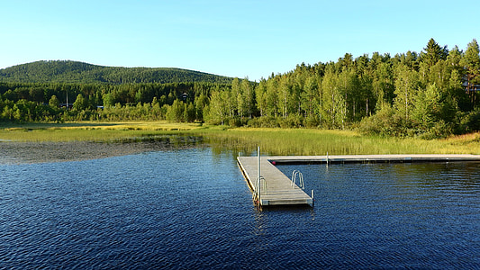 湖, スウェーデン, 桟橋, 水, 池, 池の端