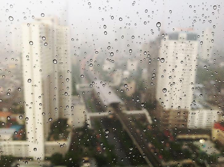 město, kapky vody, sklo, déšť, dešťové kapky, deštivé, mrakodrapy