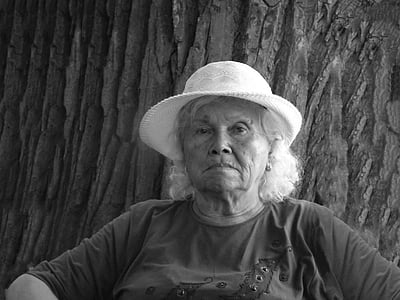 old, women's, face, tired, black and white, grandmother, human