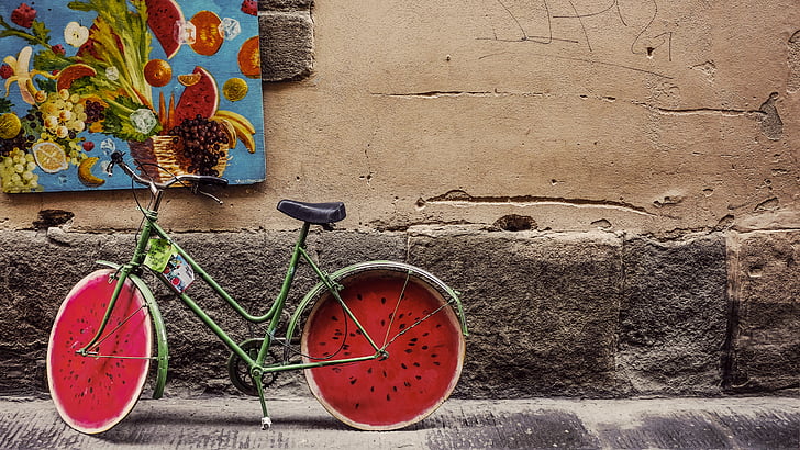 bicycle, bike, brick, classic, concrete, fruits, old