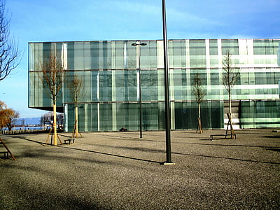building, new building, glass facades, architecture, lanterns, forecourt, young trees