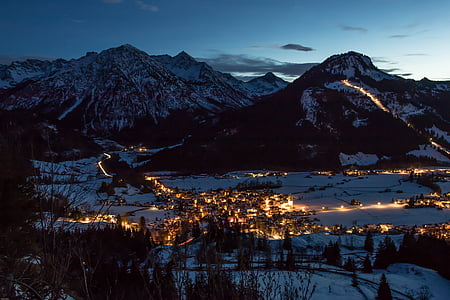 Mėlynoji valanda, naktį nuotrauka, žiemą, kalnai, blogai hindelang, blogai oberdorf, ostrachtal