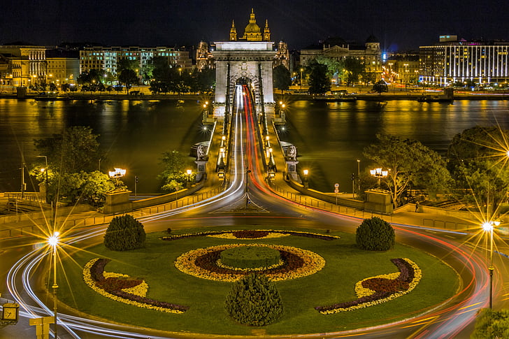 верига мост, Будапеща, Унгария, мост, Дунав, светлини, река