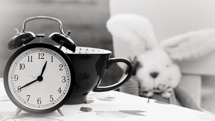 alarm, alarm clock, black-and-white, bunny, clock, cup, hours