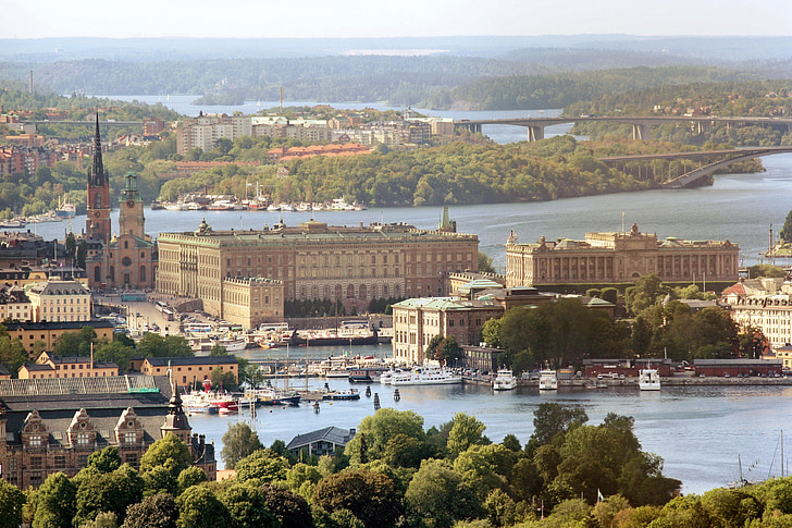 kráľovský palác, Švédsko, Stockholm, vzdušná fotografia, Európa, Panoráma mesta, rieka