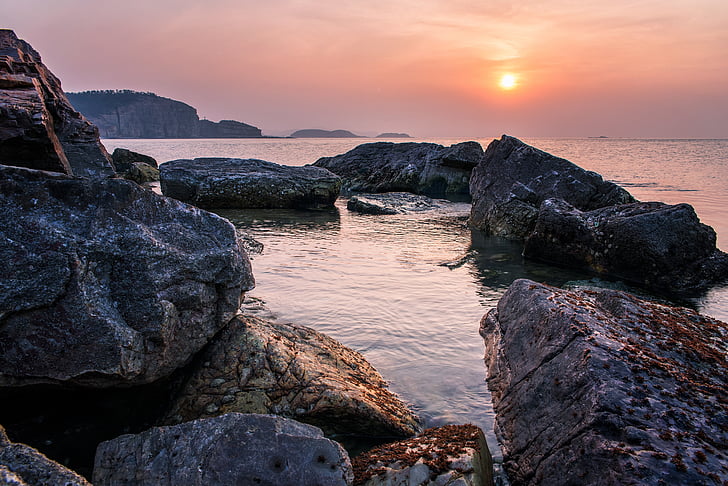 sten, stranden, solnedgång, Yantai, Long island, HDR, PPT bakgrunder