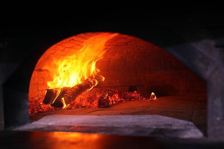 wood fired oven, oven, pizza, fire, lit, kitchen, pizzeria