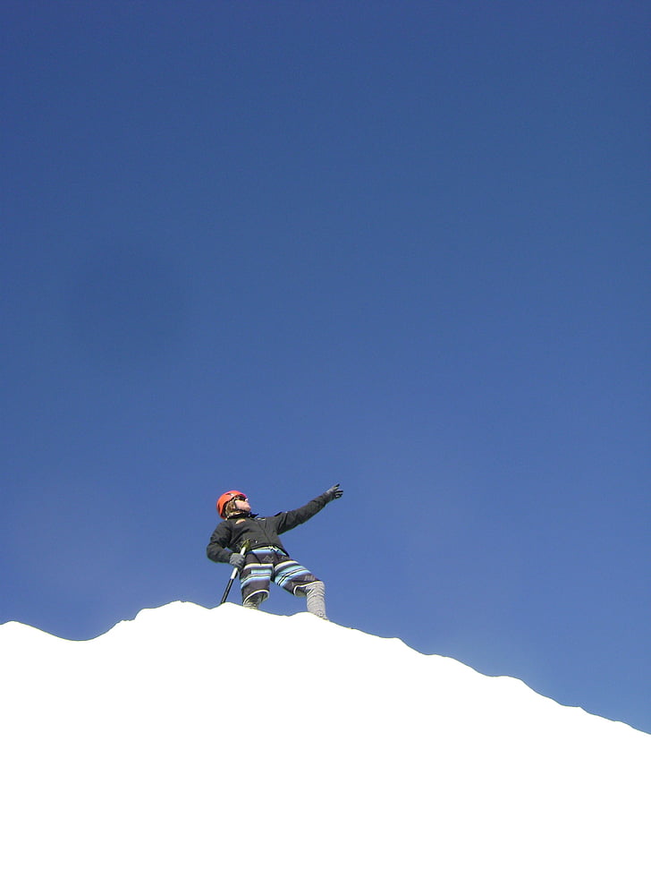 snow, blue sky, man, male, pose, mountain, white