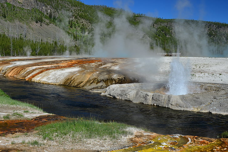 gêiser, Yellowstone, colorido, vapor, bacia de areia preta, gêiser de penhasco, fluxo