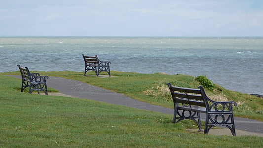 walkway, benches, three, seascape, sea, wind, skerries
