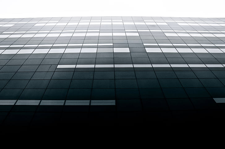 Architektura, Black Diamond, czarno-białe, budynek, Kopenhaga, Dania, symetryczne