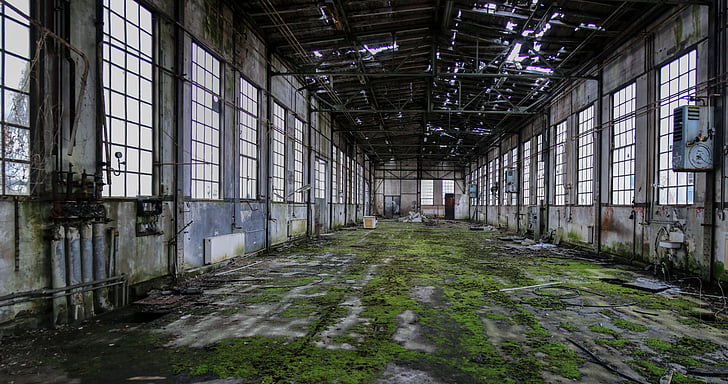 ruïna, sala, esporàdics, càries, deixar, antiga fàbrica, abandonat