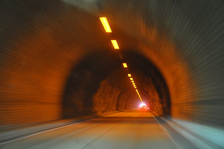 トンネル, オレンジ, 車, 照らされました。, 進むべき道, 交通, 道路