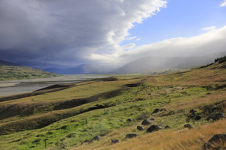 landscape, sky, mountains, iceland, clouds, view, blue